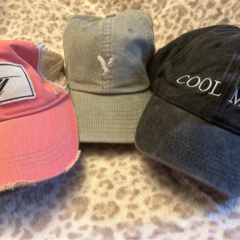 American Eagle Outfitters green hat,  Pink salty and Black cool mom Hat Trio